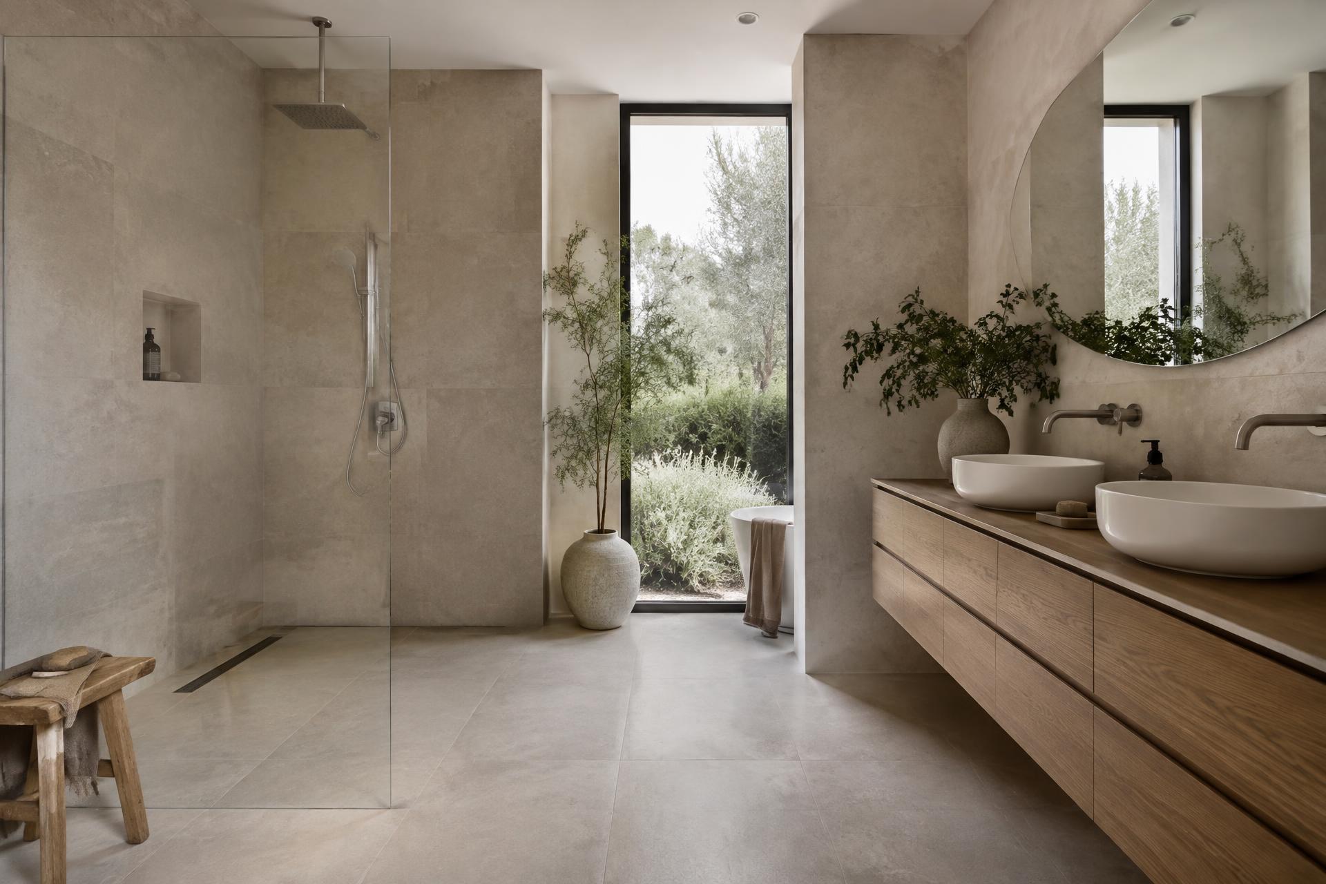 Sfeerbeeld van een minimalistische badkamer met inloopdouche en eiken wastafelmeubel